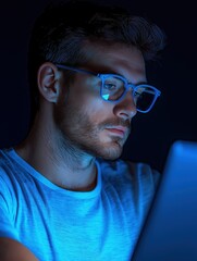 Obraz premium Focused tech enthusiast working on laptop at night indoor workspace modern style