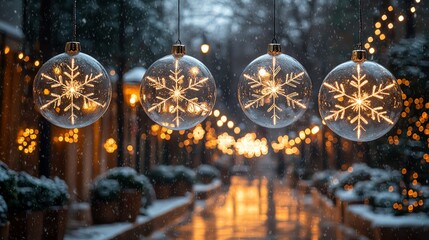 Snowy street adorned with glowing ornaments, evoking festive winter wonder.