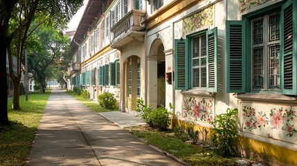 Obraz premium Beautifully Restored Sino Portuguese Building with Vibrant Shutters Floral Patterns on the Facade and a Clean Sidewalk Providing Copy Space