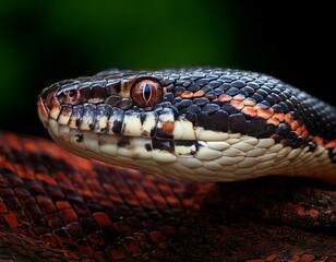 Obraz premium Detailed close-up of a snake's head showcasing intricate black, orange, and white scales, sharp eyes, and reptilian features in nature.