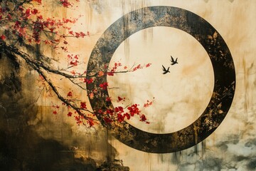 Fototapeta premium Artistic abstract painting of cherry blossoms, birds, and circle.