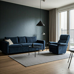 modern living room interior with sofa and couch. Dark blue sofa and recliner chair. 