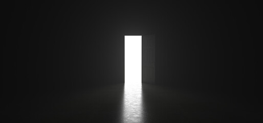 a bright light shines from an open door in a dark room, creating a beam of light across the floor. 3D render.