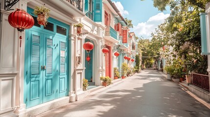 Fototapeta premium A traditional Sino Portuguese shophouse with vibrant blue shutters red lanterns and a clean pavement offering clear copy space in the sky