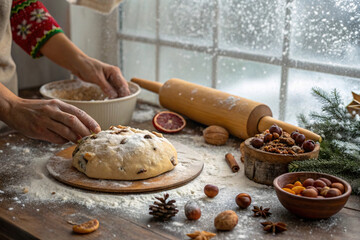 Fototapeta premium Woman shaping dough for holiday baking on a flour-dusted table, surrounded by ingredients and festive decor near a snowy window