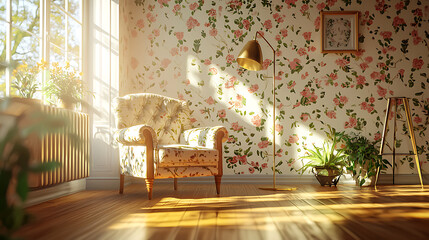 A room with a floral wallpaper and a chair with a floral print