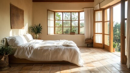 Serene Bedroom in a Rustic Villa with Natural Light and Views