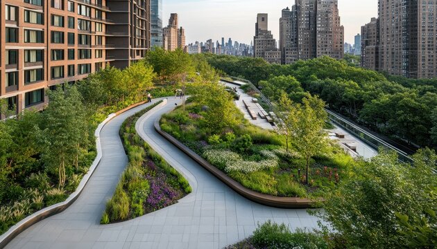 Urban Oasis Serene Elevated Park Amidst the City Skyline