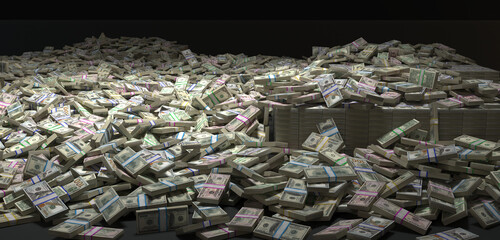 Stacks of us dollar bills, are piled high, forming a mountain of money and illustrating extreme affluence. 3D render.