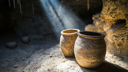 Dusty and Dimly Lit Cave with Ancient Pottery Under Mountain Sunlight