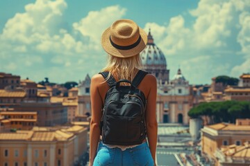 A young woman with a backpack, enjoying a breathtaking view of an old European city from a high viewing platform.