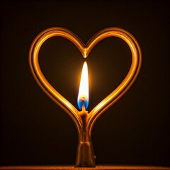 A lit candle inside a golden heart-shaped structure over a dark background, ideal for themes of love and romance.