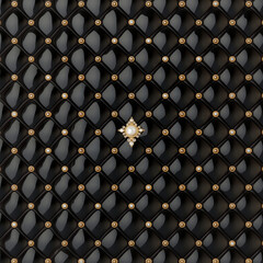 Fototapeta premium Luxurious and tufted black GLOSSY LEATHER texture with jewel decorations and gold embellishments, quilted into diamond-shaped sections, with an elegant and premium quality