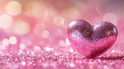 Fototapeta premium Panoramic heart-shaped glitter with soft bokeh lights on a sweet pink background for romantic and festive themes 