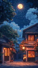 Fototapeta premium Moonlit Street Scene with Illuminated Traditional Houses and Starry Sky Photo