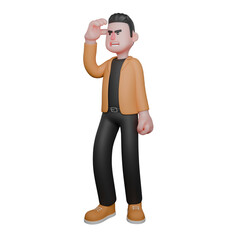 Film Director Cartoon Professional Creative 3D Model. A male director stands with his right hand in front of his head, expression of looking at something from afar. Illustration Design