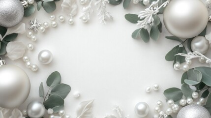 Obraz premium Elegant Christmas arrangement with silver and white ornaments, eucalyptus, and pearls. Festive and chic!