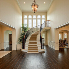 Obraz premium staircase in a luxury modern living room. Foyer with curved staircase. interior of a modern room with curved staircase.