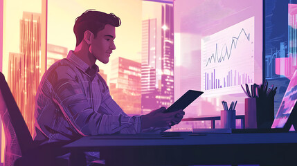 A man is sitting at a desk with a computer monitor in front of him