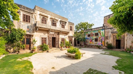 Fototapeta premium Vibrant Rajasthani Haveli with Ornate Architectural Details Colorful Murals Carved Wooden Doors and Jharokha Windows Offer Inspiring Space for Copy in Open Yard and Sky