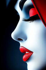 Obraz premium A woman with a bold red lip color and striking red eyes. She is wearing a red dress and has a dramatic look