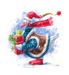 Watercolor illustration of Christmas New Year character goose with gifts