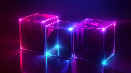 Obraz premium Digital cyber cube. Neon glowing cubes in motion with. Musical, gaming, technology, background with glowing 3d objects.