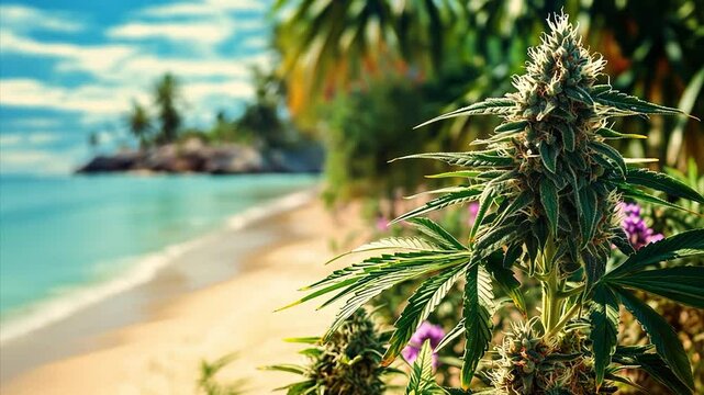  fresh Marijuana buds growing on a tropical beach with palm trees and breaking waves in the background on a sunny day in smartphone 9:16 aspect ratio.