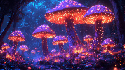 vibrant fantasy landscape featuring glowing mushrooms and magical flora