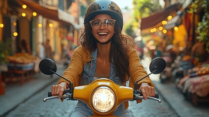 A joyful woman riding a yellow scooter through a vibrant market street.