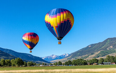 Fototapeta premium Vibrant hot air balloons soaring over scenic landscape with mountains