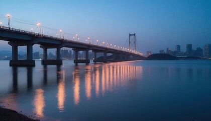City Bridge at Dusk, Calm Waters Reflection

