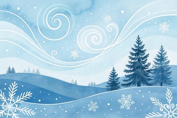 Winter Wonderland Serene Blue Hills, Swirling Snow, and Frosty Pine Trees
