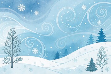 A Winter Wonderland Scene Snowy Hills, Dancing Snowflakes, and Frosty Trees Under a Whimsical Sky