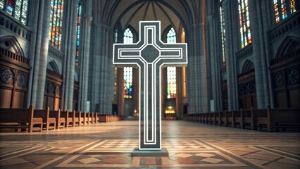 A modern illuminated cross stands in the center of a majestic cathedral aisle