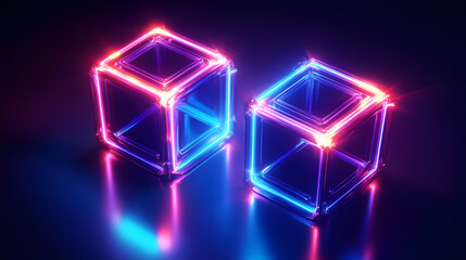 
Digital cyber cube. Neon glowing cubes in motion with. Musical, gaming, technology, background with glowing 3d objects.