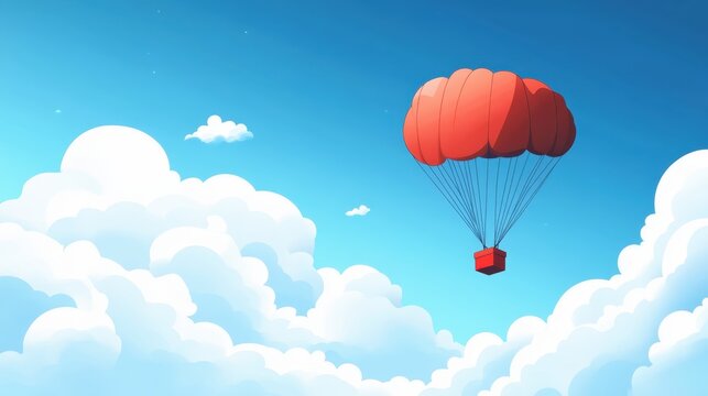 A Box flying on a parachute with pink cloud,vector illustration of package flying down from sky and cloud with parachute, concept for delivery service,shopping online,air delivery service.