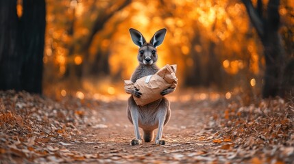 A kangaroo stands on a forest path holding a wrapped package, surrounded by autumn foliage.
