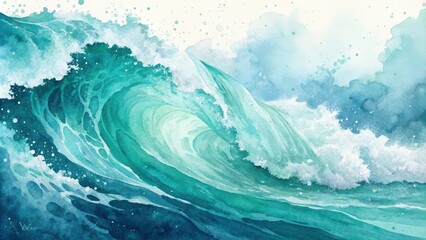 Obraz premium A Serene Watercolor Painting of an Ocean Wave, Capturing the Beauty and Power of Nature's Majesty