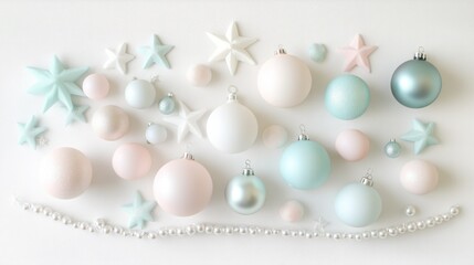 Pastel-colored Christmas ornaments arranged with stars on a white background.