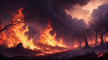 Infernal blaze consuming a woodland landscape, fiery destruction engulfing trees and undergrowth under a brooding sky