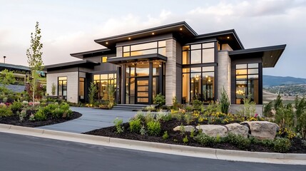 Fototapeta premium Scandinavian style modern home with clean architectural lines large glass windows and minimalist landscaping leaving open copy space in the foreground and sky