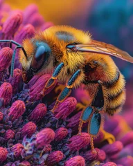macro photograph of honeybee collecting nectar from vibrant flowers