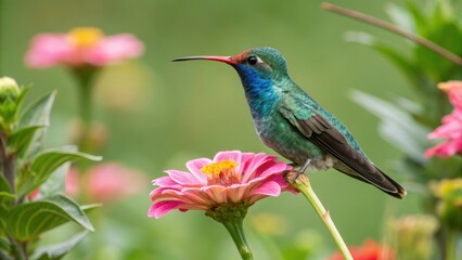 A Vibrant Hummingbird Perched on a Delicate Pink Zinnia Flower in a Lush Garden Setting