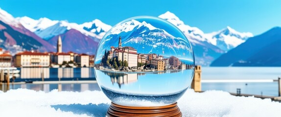 Obraz premium Photograph of a snow globe with a winter scene inside, featuring a small village with buildings and a church steeple. The globe is placed on a wooden base, with a blurred outdoor scene.