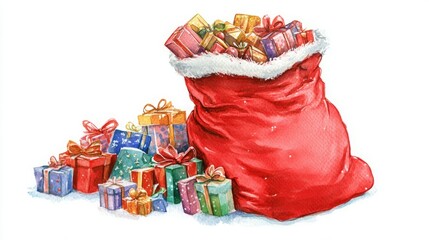 A watercolor painting of Santa's bag overflowing with colorful gifts. Festive and cheerful!