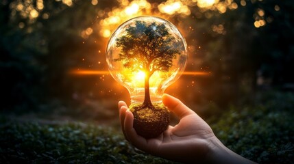 hand holding tree with half globe an d sunlight. concept eco earth day