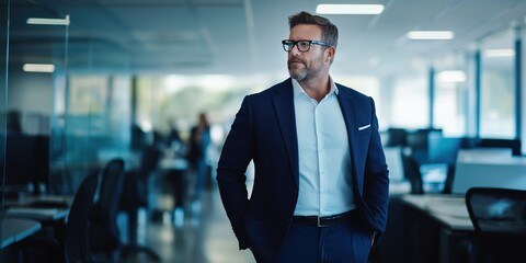 Businessman in navy suit looking thoughtful in office. Executive portrait