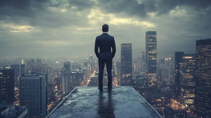 Fototapeta na wymiar Man in Suit Looking Over a Cityscape at Night