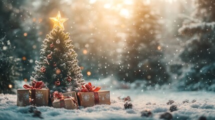 Obraz premium Christmas Tree And Gift Boxes On Snow In Night With Shiny Star and Forest - Winter Abstract Landscape